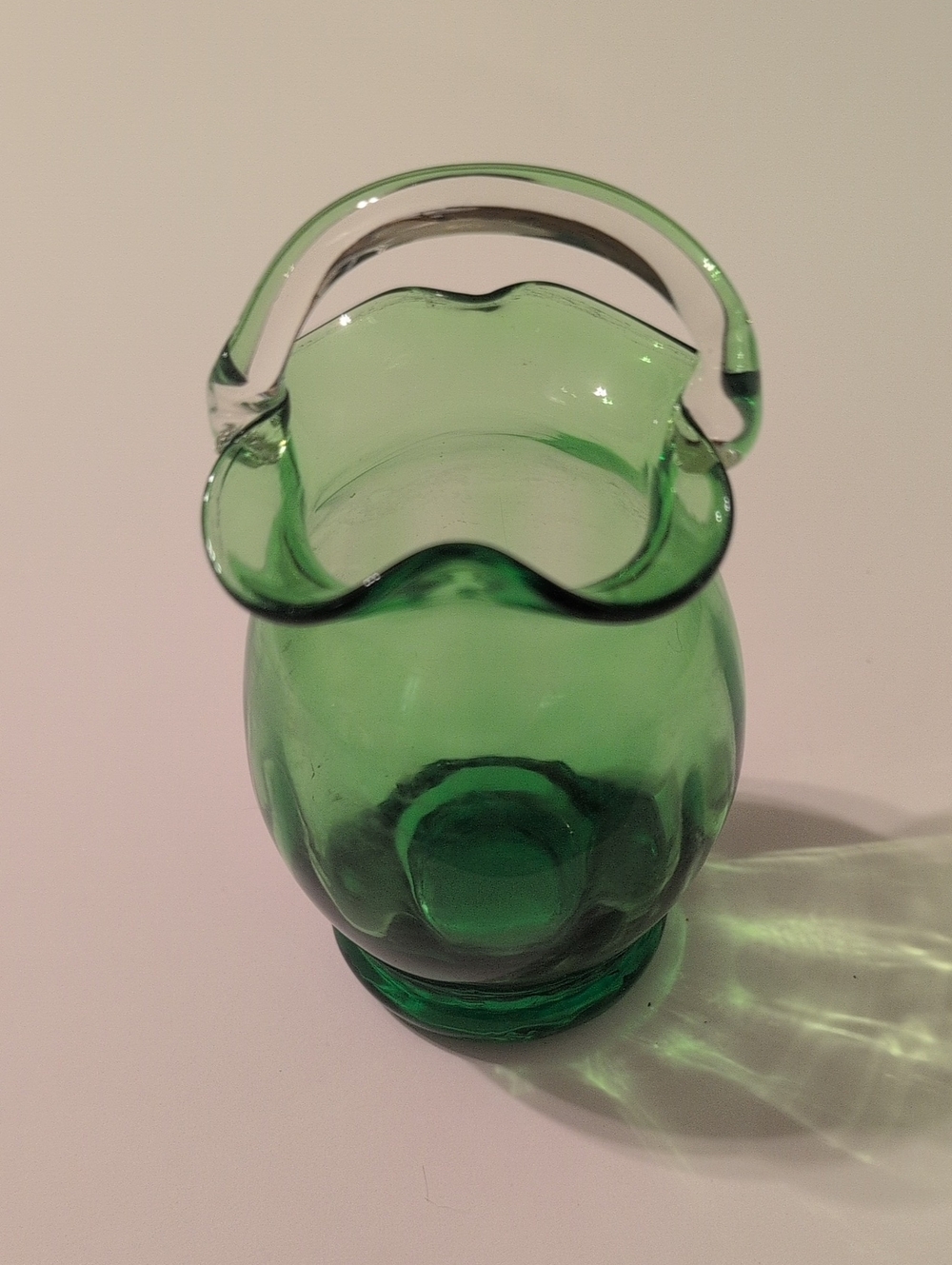 Green Pilgrim Glass Ruffled Rim Pitcher with Clear Handle